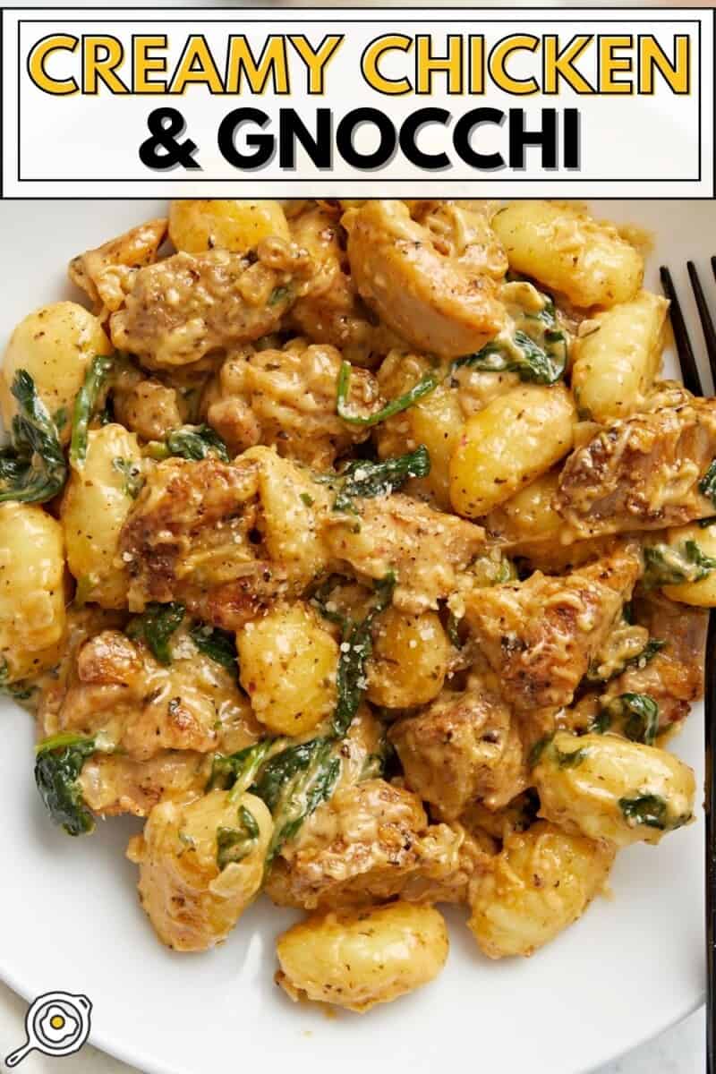 Plan aérien de poulet crémeux et de gnocchis dans un bol blanc avec une fourchette noire dedans.