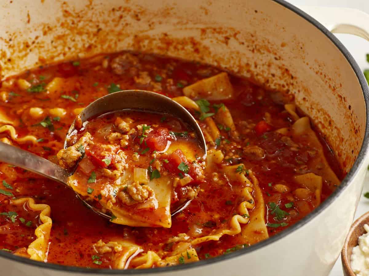 Vue latérale de la soupe de lasagne dans une cocotte.