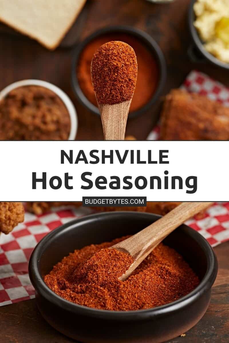 Collage de deux photos de Nashville Hot Seasoning. La photo du haut est un gros plan de l’assaisonnement sur une cuillère en bois. La photo du bas est une vue latérale de l'assaisonnement dans un bol noir avec une cuillère dedans.