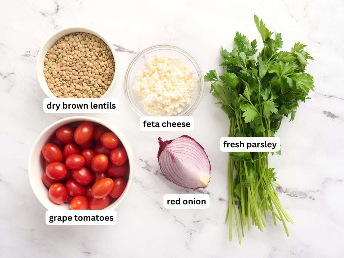Les ingrédients pour réaliser une salade de lentilles avec étiquettes.