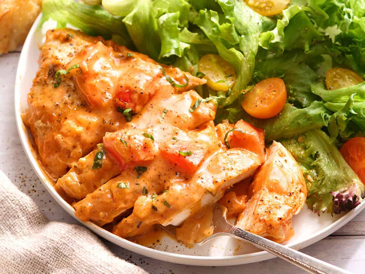 Vue latérale d'une poitrine de poulet crémeuse aux tomates coupée en tranches sur une assiette avec une salade verte.