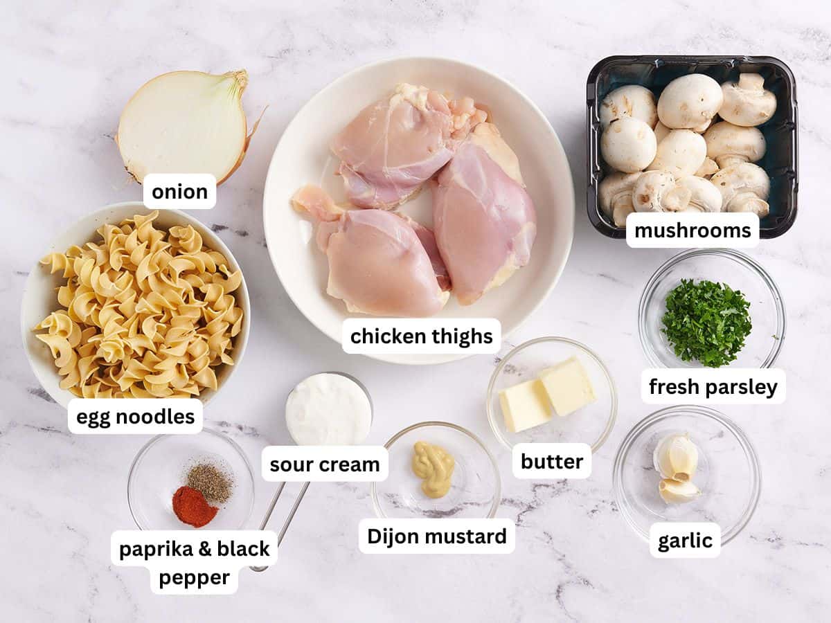 Les ingrédients pour faire du poulet stroganoff avec les étiquettes des ingrédients.