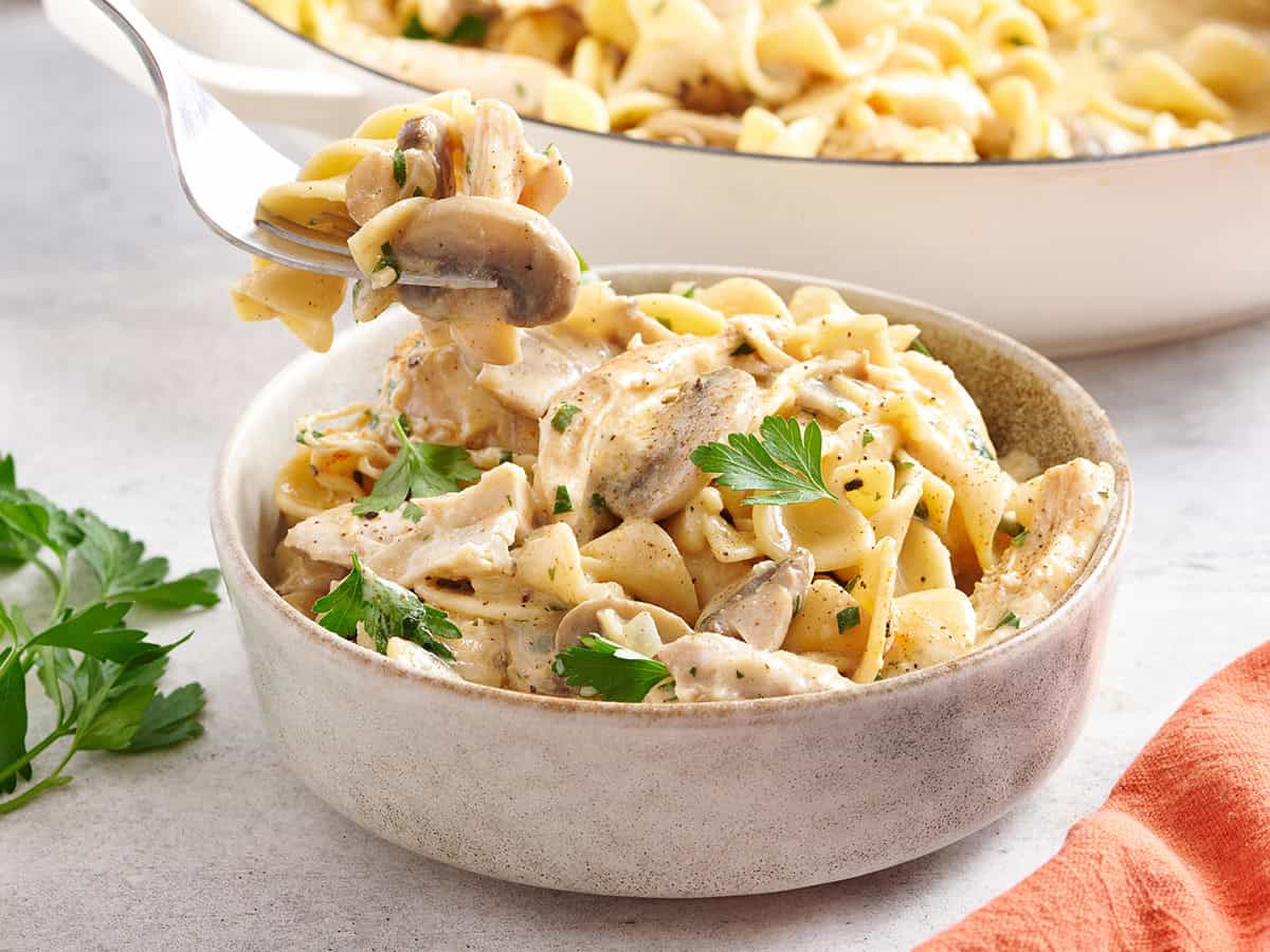 Vue latérale d'un bol de poulet stroganoff avec une fourchette en prenant.
