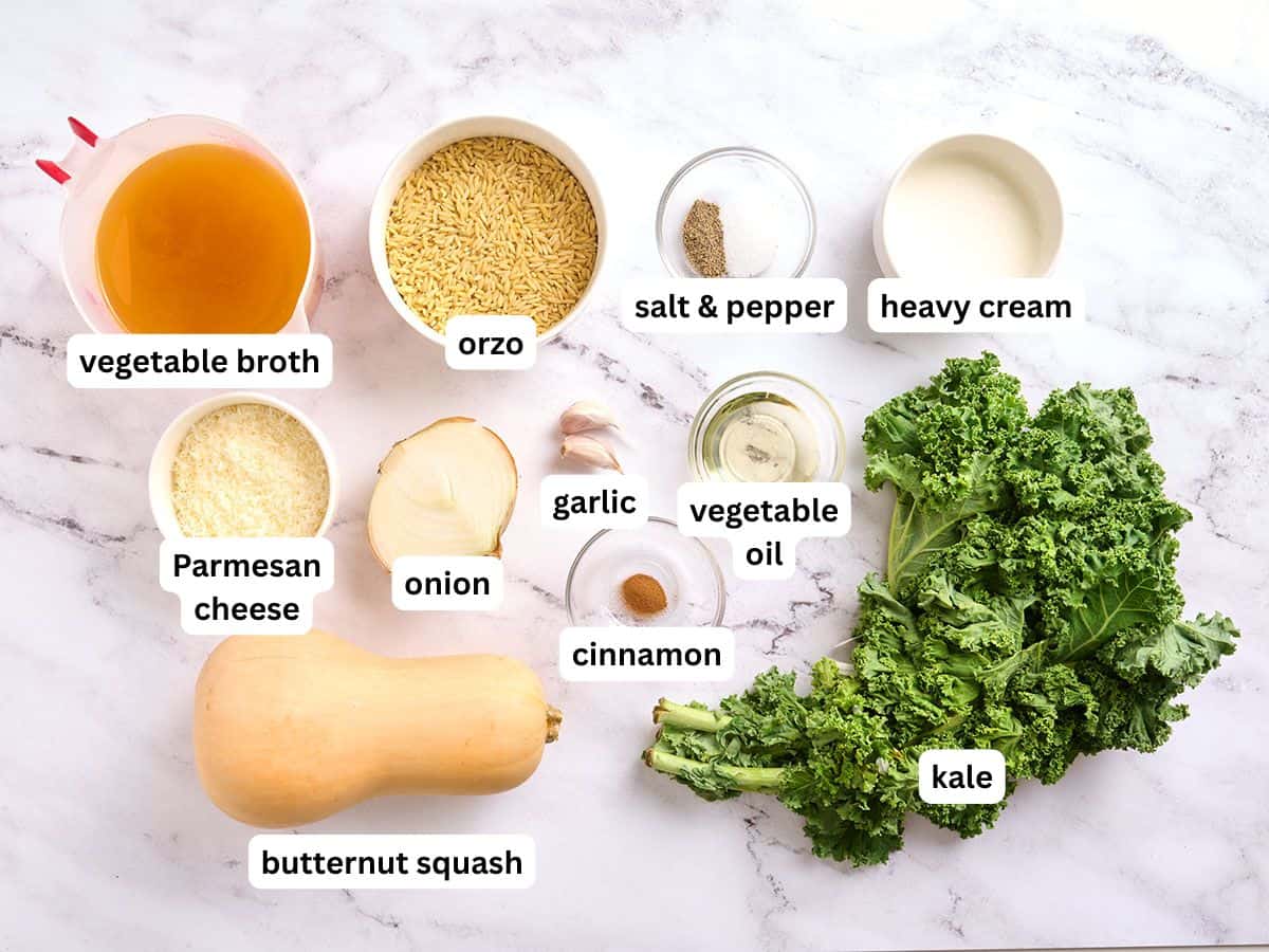 Les ingrédients pour un orzo crémeux à la courge musquée avec des étiquettes.